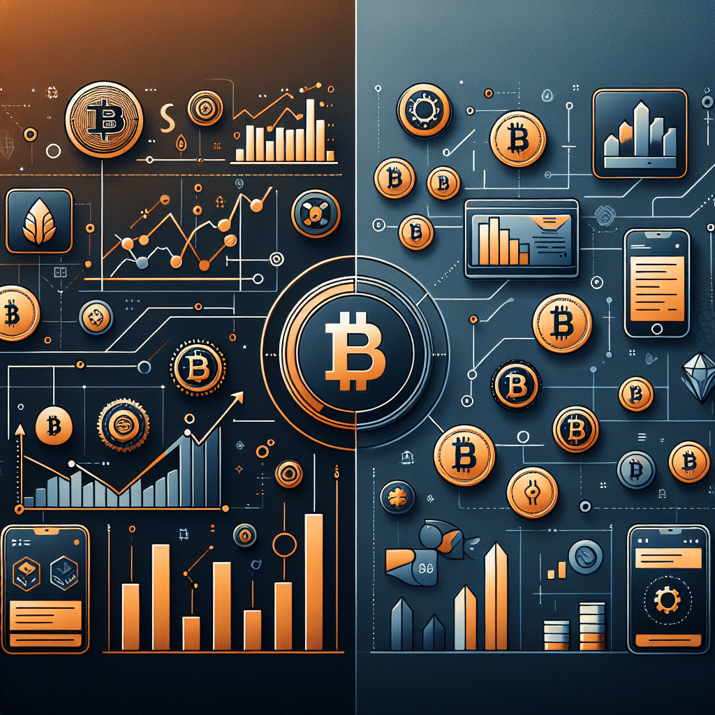 Sure! Here’s a great SEO-optimized alt-text for your image, following best practices for length, clarity, and keyword use: **Alt text:** Modern digital illustration comparing Coinbase and Robinhood apps, diagonally split. Left side features Coinbase interface with orange and dark blue gradients, crypto candlesticks, Bitcoin and Ethereum coins, and financial graphs. Right side shows Robinhood app with midnight blue and orange highlights, diversified portfolio icons for stocks, crypto, cash, subscription, and upward charts. Company logos meet at the split, symbolizing innovation, retail investing, and the evolution of digital finance. Let me know if you want a shorter or more targeted variant!