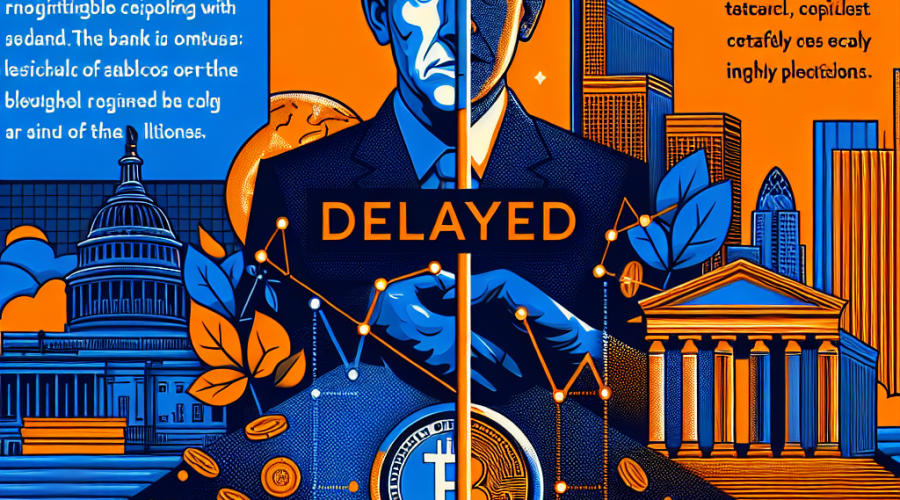 "Split design featuring Senator John Thune against a deep blue background with 'Crypto Clarity Act Delayed' text, juxtaposed with a bank building and stablecoin graphic on the orange side. The timeline indicating the delay in legislation extends from 'now' to '2025'. The style aligns with our brand's visual identity."