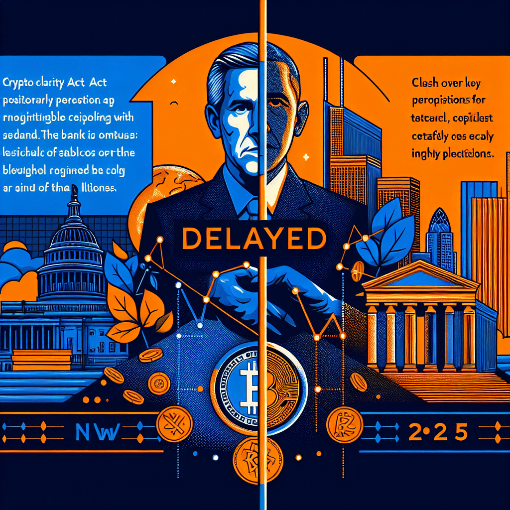 "Split design featuring Senator John Thune against a deep blue background with 'Crypto Clarity Act Delayed' text, juxtaposed with a bank building and stablecoin graphic on the orange side. The timeline indicating the delay in legislation extends from 'now' to '2025'. The style aligns with our brand's visual identity."