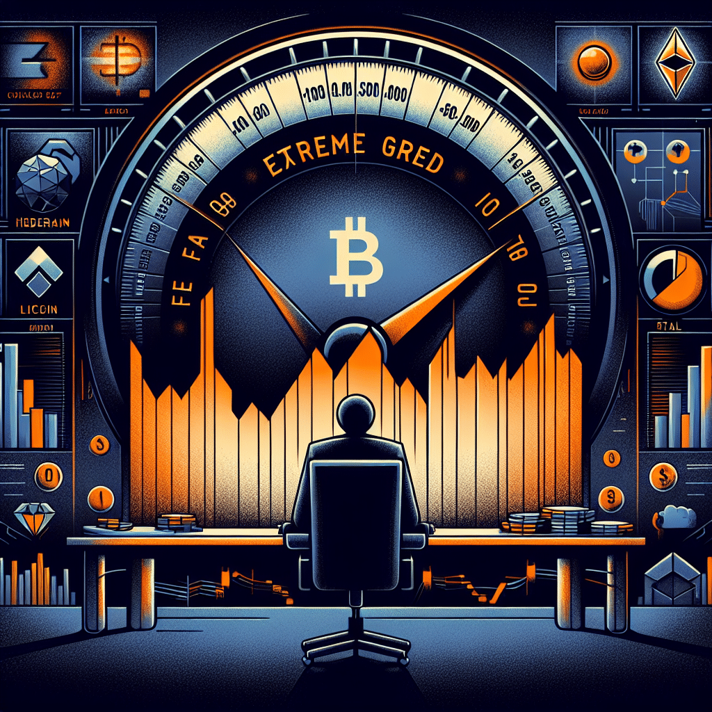 **SEO Alt-Text:** Modern blog header image illustrating extreme fear in the cryptocurrency market, featuring a stylized crypto market dashboard with sharp downward-trending lines, an oversized “Fear & Greed Index” dial pointing to “10/extreme fear,” and subtle icons for Hedera, Litecoin, Polkadot, SUI, and Stellar. The scene uses a bold palette of orange (#FF9811), dark blue (#000D43), and midnight blue (#021B88), with moody lighting, silhouettes of cautious investors, and digital blockchain motifs, conveying market uncertainty—designed for a finance and crypto WordPress blog.