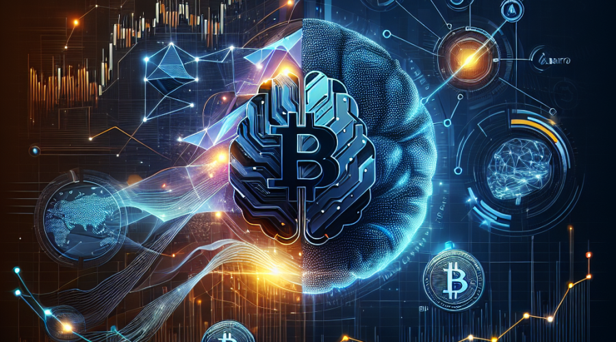 **SEO Alt-Text:** Sleek and modern blog header image (1200x628px) visually split to depict a volatile financial market with Bitcoin and oil icons on a dark blue and midnight blue background—suggesting market turbulence and geopolitical tension—contrasted by a glowing, futuristic AI brain with data analytics graphics, transparent overlays, and crypto trading chart elements, incorporating Orange #FF9811, Dark Blue #000D43, and Midnight Blue #021B88 for a cohesive, authoritative look, symbolizing DeepSnitch AI’s innovation and emerging opportunities in financial analytics.