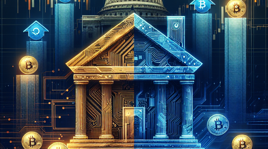 **SEO Alt-Text:** Modern graphic header showing the fusion of U.S. finance and cryptocurrency for a fintech blog—features a house overlaid with digital circuit patterns symbolizing blockchain, golden Bitcoin and blue stablecoin coins forming part of the foundation, the U.S. Capitol dome in the background, and rising market charts. The image uses brand colors orange (#FF9811), dark blue (#000D43), and midnight blue (#021B88) for a professional, cohesive look.