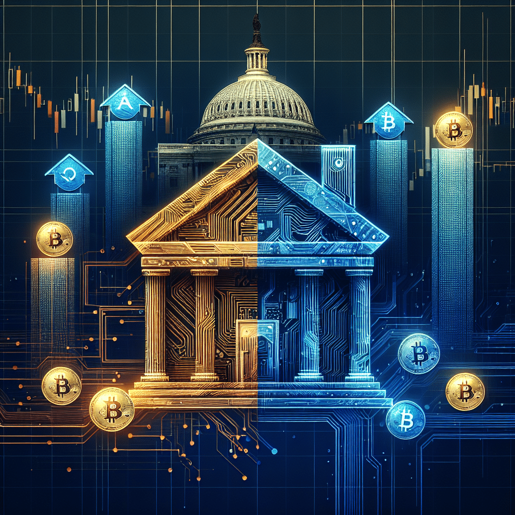 **SEO Alt-Text:** Modern graphic header showing the fusion of U.S. finance and cryptocurrency for a fintech blog—features a house overlaid with digital circuit patterns symbolizing blockchain, golden Bitcoin and blue stablecoin coins forming part of the foundation, the U.S. Capitol dome in the background, and rising market charts. The image uses brand colors orange (#FF9811), dark blue (#000D43), and midnight blue (#021B88) for a professional, cohesive look.