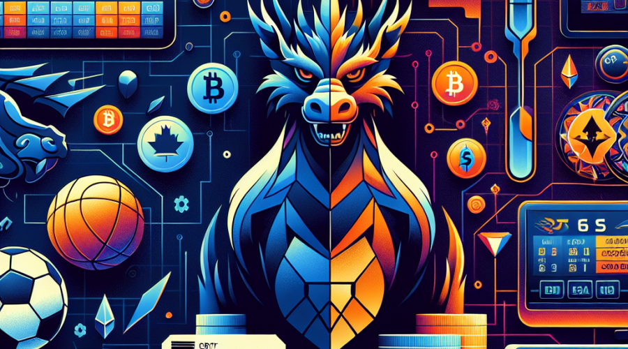 **SEO alt-text:** Modern digital illustration visually comparing traditional US sports betting platform and futuristic crypto-focused casino; left side features classic sportsbook icons—betting slip, sports balls, bank cards—in navy blue and orange, right side displays Bitcoin, Ethereum coins, vibrant slot machines, and a stylized dragon mascot in midnight blue and orange; sharp geometric split-screen background with gradients (#FF9811, #000D43, #021B88), tech-inspired accents highlight innovation and evolution in online gambling platforms.