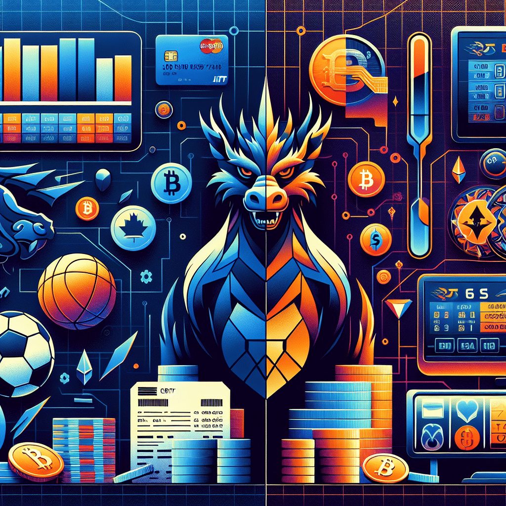 **SEO alt-text:** Modern digital illustration visually comparing traditional US sports betting platform and futuristic crypto-focused casino; left side features classic sportsbook icons—betting slip, sports balls, bank cards—in navy blue and orange, right side displays Bitcoin, Ethereum coins, vibrant slot machines, and a stylized dragon mascot in midnight blue and orange; sharp geometric split-screen background with gradients (#FF9811, #000D43, #021B88), tech-inspired accents highlight innovation and evolution in online gambling platforms.