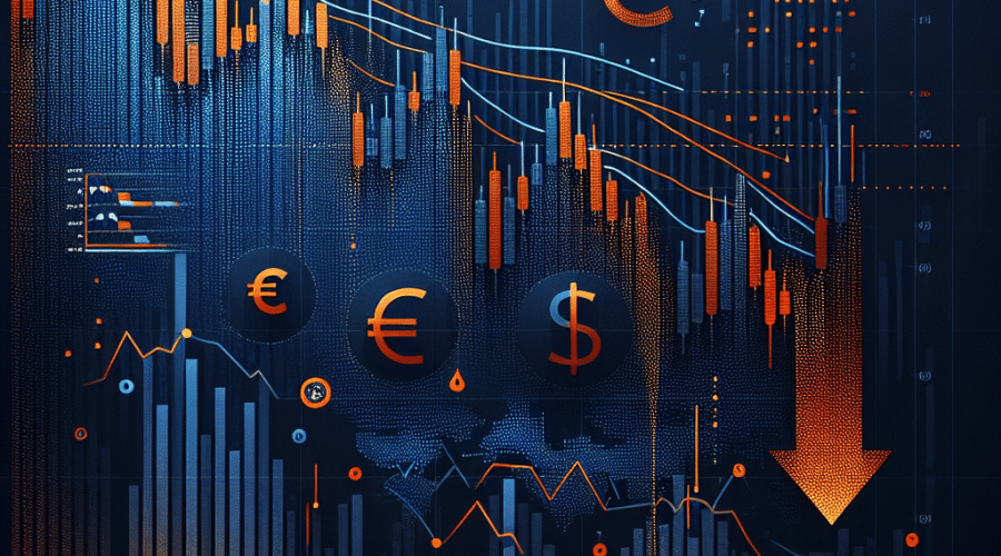 **SEO Optimized Alt-Text:** Sleek, professional forex trading blog image sized 1200 x 628 pixels, visually depicting EUR/USD currency pair under bearish pressure below 1.1600. The dark blue and midnight blue background highlights bold orange (#FF9811) accents with downward-trending candlestick charts and falling red arrows, symbolizing euro weakness against the US dollar. The image incorporates subtle European and US symbols, including Euro and Dollar signs and miniature EU and USA flags, split on each side. The modern, data-driven design conveys market tension, technical analysis, and aligns with a professional forex brand color palette.