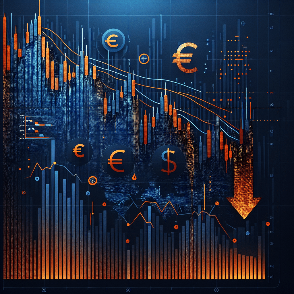 **SEO Optimized Alt-Text:** Sleek, professional forex trading blog image sized 1200 x 628 pixels, visually depicting EUR/USD currency pair under bearish pressure below 1.1600. The dark blue and midnight blue background highlights bold orange (#FF9811) accents with downward-trending candlestick charts and falling red arrows, symbolizing euro weakness against the US dollar. The image incorporates subtle European and US symbols, including Euro and Dollar signs and miniature EU and USA flags, split on each side. The modern, data-driven design conveys market tension, technical analysis, and aligns with a professional forex brand color palette.