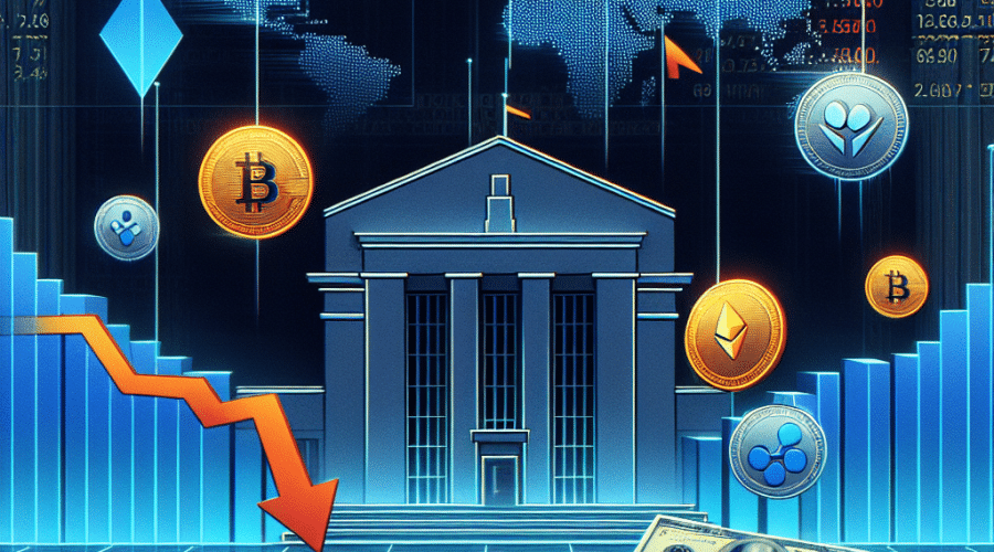 "Cryptocurrency market downturn image illustrating declining Bitcoin, Ethereum, Solana, and Ripple coins with red arrow against a dark blue Federal Reserve building background, overlayed with a whitish transparent loss graph and orange title 'Crypto Market Deepens Losses: Fed's Unchanged Rates & Raised Inflation Forecast Impact', addition of a subtly faded midnight blue global map symbolizing worldwide impact, dimensions 1200x628"