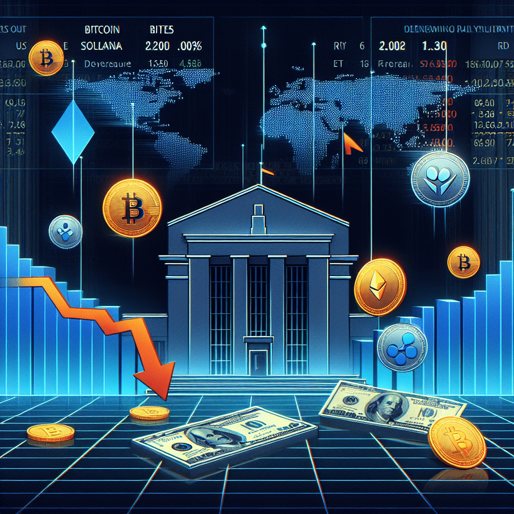 "Cryptocurrency market downturn image illustrating declining Bitcoin, Ethereum, Solana, and Ripple coins with red arrow against a dark blue Federal Reserve building background, overlayed with a whitish transparent loss graph and orange title 'Crypto Market Deepens Losses: Fed's Unchanged Rates & Raised Inflation Forecast Impact', addition of a subtly faded midnight blue global map symbolizing worldwide impact, dimensions 1200x628"