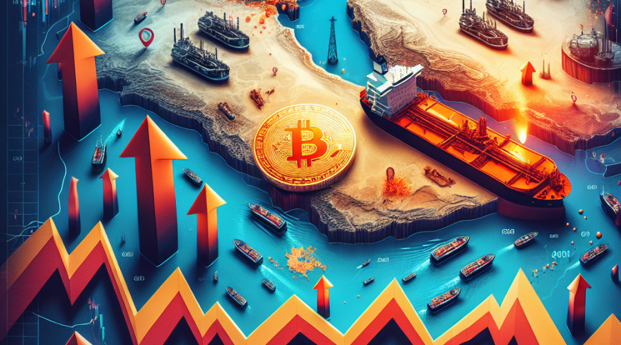 Great! Here’s an SEO-optimized alt text for your described image: "Abstract map of Persian Gulf region with highlighted Strait of Hormuz, featuring surging oil prices with red upward arrows and oil barrel icon, overlaid on financial downturn charts; a steady gold Bitcoin coin, tankers near the strait, subtle military presence, all using orange and blue brand colors to represent energy market disruption and global uncertainty." Let me know if you want it tailored for a specific article or keyword focus!