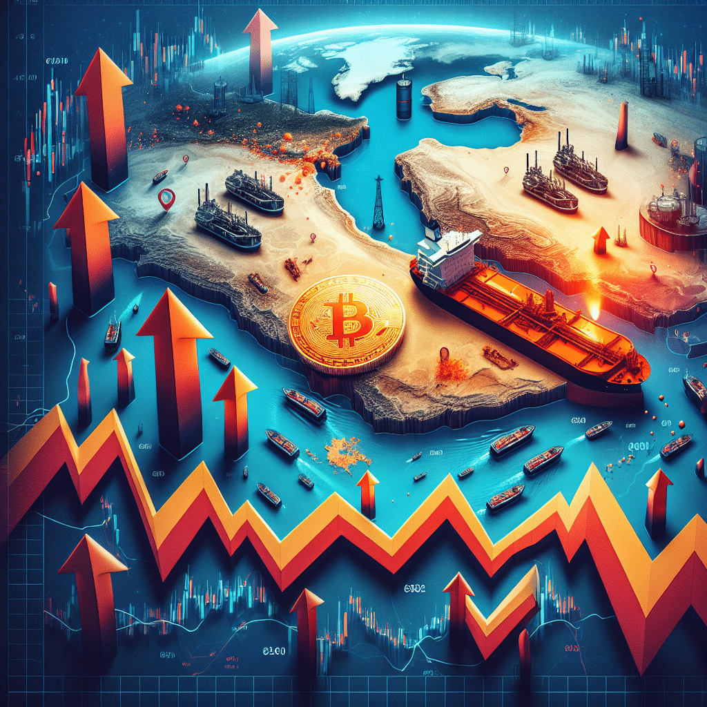Great! Here’s an SEO-optimized alt text for your described image: "Abstract map of Persian Gulf region with highlighted Strait of Hormuz, featuring surging oil prices with red upward arrows and oil barrel icon, overlaid on financial downturn charts; a steady gold Bitcoin coin, tankers near the strait, subtle military presence, all using orange and blue brand colors to represent energy market disruption and global uncertainty." Let me know if you want it tailored for a specific article or keyword focus!