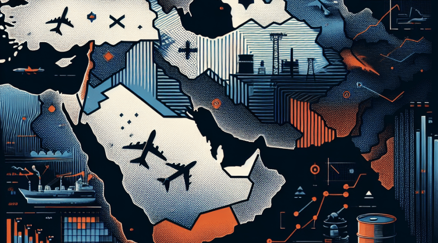 **SEO-Friendly Alt-Text:** Bold, modern digital illustration of a stylized Middle East map (1200 x 628 pixels) with Tehran and Israel highlighted; dynamic orange arrows and lines depict missile strikes and disrupted pathways, symbolizing military conflict and oil market volatility. Background features dark blue (#000D43) and midnight blue (#021B88), accented with vibrant orange (#FF9811). Industrial infrastructure, oil barrel, and fighter jet icons are juxtaposed, alongside a subtle overlay of global energy market graphs with a rippling effect, visually conveying geopolitical escalation and uncertainty in regional energy markets.