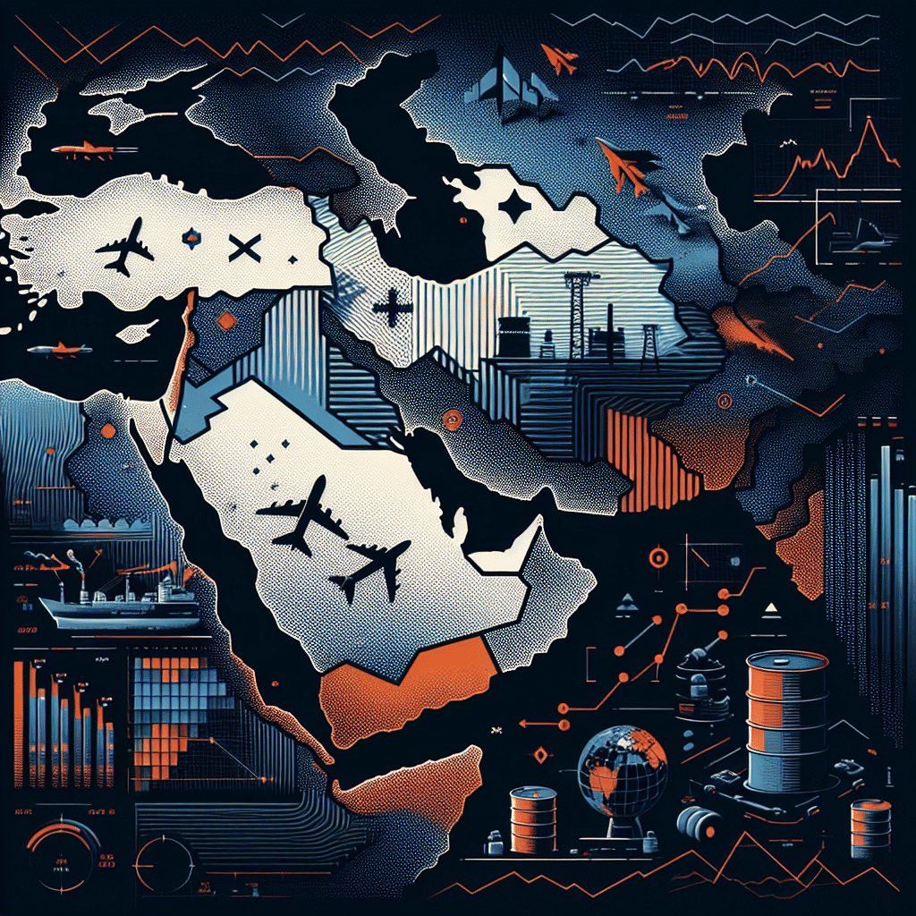 **SEO-Friendly Alt-Text:** Bold, modern digital illustration of a stylized Middle East map (1200 x 628 pixels) with Tehran and Israel highlighted; dynamic orange arrows and lines depict missile strikes and disrupted pathways, symbolizing military conflict and oil market volatility. Background features dark blue (#000D43) and midnight blue (#021B88), accented with vibrant orange (#FF9811). Industrial infrastructure, oil barrel, and fighter jet icons are juxtaposed, alongside a subtle overlay of global energy market graphs with a rippling effect, visually conveying geopolitical escalation and uncertainty in regional energy markets.
