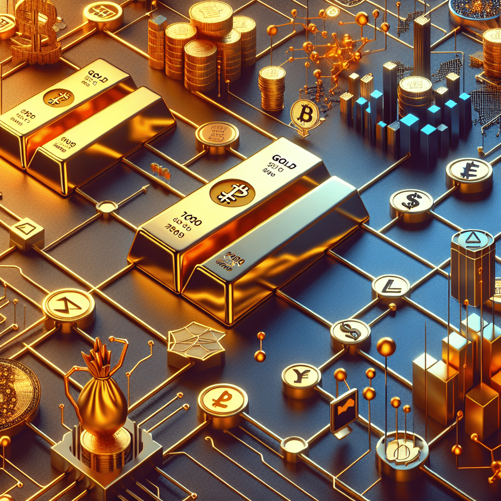 Alt-text suggestion (SEO optimized): Digital illustration symbolizing South Korea’s financial future, featuring traditional gold bars merging with blockchain graphics and won-backed stablecoins. Sleek icons for banking, telecommunications, retail, and digital payments are interconnected, with gold tokens and tech motifs blending. Dominant orange (#FF9811), dark blue (#000D43), and midnight blue (#021B88) colors create an innovative, authoritative look tailored for the South Korean digital economy.