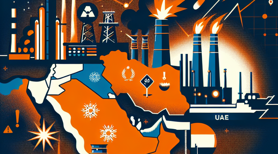 **SEO-Optimized Alt-Text:** "Dramatic modern illustration of a stylized Middle East map sized 1200 x 628 pixels, featuring Saudi Arabia, Qatar, Kuwait, and UAE highlighted in brand colors orange (#FF9811), dark blue (#000D43) and midnight blue (#021B88). The image shows energy infrastructure like oil refineries and gas facilities under threat, with explosion graphics, missile trails, and warning icons indicating crisis and urgency. Rising oil price charts are subtly integrated into the background, reflecting energy disruption, global security concerns, and a bold, professional design ideal for a breaking news blog post."