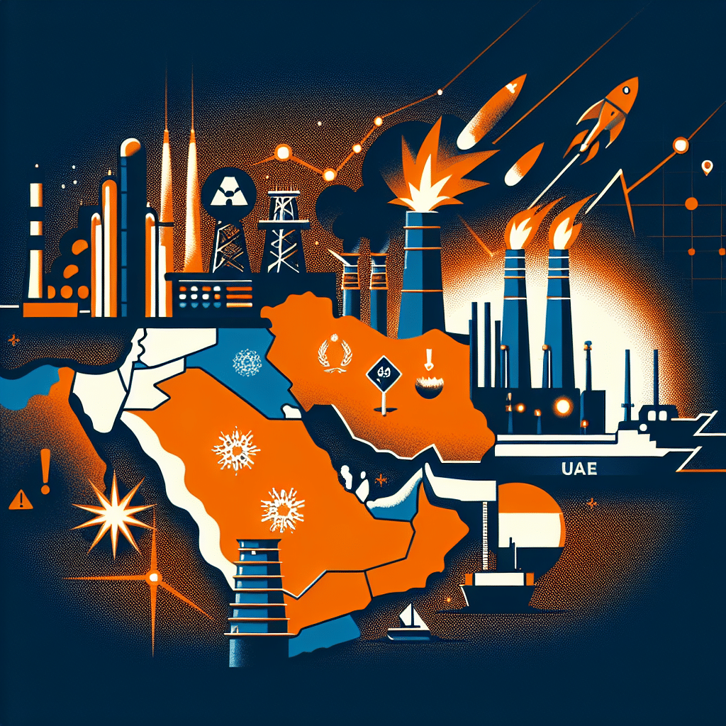 **SEO-Optimized Alt-Text:** "Dramatic modern illustration of a stylized Middle East map sized 1200 x 628 pixels, featuring Saudi Arabia, Qatar, Kuwait, and UAE highlighted in brand colors orange (#FF9811), dark blue (#000D43) and midnight blue (#021B88). The image shows energy infrastructure like oil refineries and gas facilities under threat, with explosion graphics, missile trails, and warning icons indicating crisis and urgency. Rising oil price charts are subtly integrated into the background, reflecting energy disruption, global security concerns, and a bold, professional design ideal for a breaking news blog post."