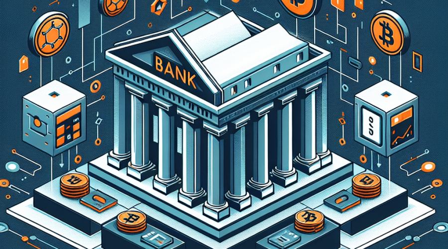 Certainly! Here is a great SEO-focused alt text for the image you described: **"Modern blog header image featuring a stylized Morgan Stanley logo and a contemporary bank building, seamlessly integrated with blockchain and cryptocurrency icons such as Bitcoin, Ethereum, and digital ledger symbols. The composition combines traditional finance with digital technology motifs to represent digital asset custody, staking, and trading. The design utilizes a color palette of Orange #FF9811, Dark Blue #000D43, and Midnight Blue #021B88 for a professional, sleek look, visually highlighting the connection between traditional banking and the emerging crypto world, suitable for a financial news article."**