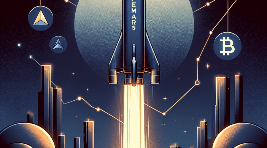 **SEO-optimized alt-text:** Sleek modern digital illustration of a rocket labeled "APEMARS" launching from a shadowed platform, using bold #FF9811 orange and deep blue tones (#000D43, #021B88). The image represents early-stage crypto investment, featuring faint Bitcoin and Avalanche coin silhouettes in the background as symbols of previous crypto success. Subtle, upward-trending graphs and charts surround the rocket, conveying growth, opportunity, and the concept of “catching the next 1000x crypto before the hype.” Professional, inspiring, and futuristic theme. Proper size for social and web sharing (1200 x 628 pixels).