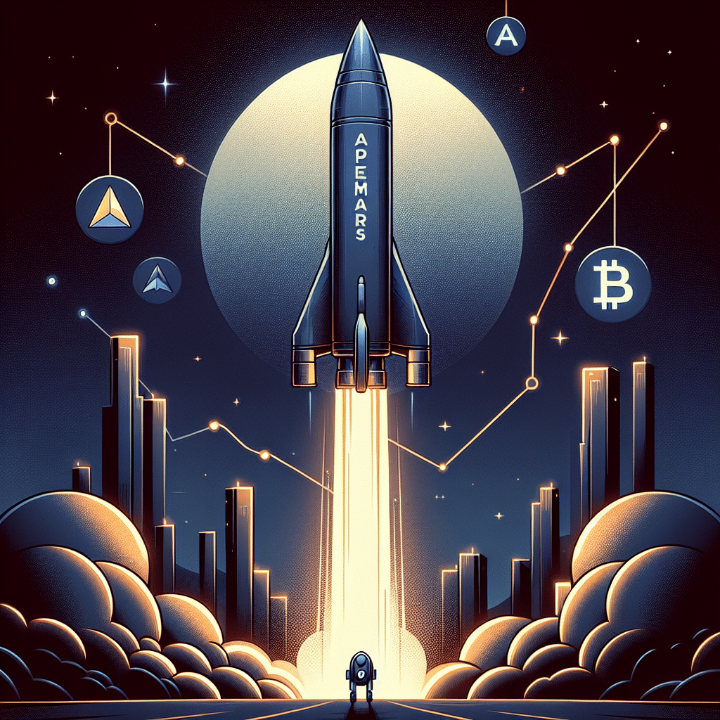 **SEO-optimized alt-text:** Sleek modern digital illustration of a rocket labeled "APEMARS" launching from a shadowed platform, using bold #FF9811 orange and deep blue tones (#000D43, #021B88). The image represents early-stage crypto investment, featuring faint Bitcoin and Avalanche coin silhouettes in the background as symbols of previous crypto success. Subtle, upward-trending graphs and charts surround the rocket, conveying growth, opportunity, and the concept of “catching the next 1000x crypto before the hype.” Professional, inspiring, and futuristic theme. Proper size for social and web sharing (1200 x 628 pixels).