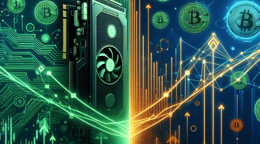 **SEO-Optimized Alt Text:** Digital illustration featuring NVIDIA’s green GPU and rising stock chart on the left, contrasted with futuristic blockchain and crypto symbols connected by glowing orange and blue cross-chain bridges on the right, all set against a dark to midnight blue gradient background. Central abstract financial growth elements highlight innovation, AI-driven investment, and early-stage opportunities in both traditional stocks and Pepeto crypto exchange, using brand colors for a premium high-finance tech blog look.