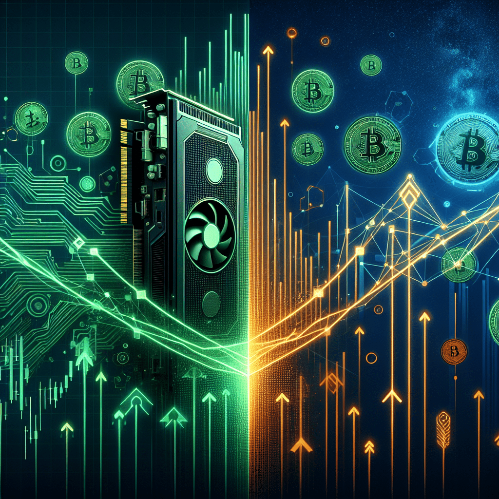 **SEO-Optimized Alt Text:** Digital illustration featuring NVIDIA’s green GPU and rising stock chart on the left, contrasted with futuristic blockchain and crypto symbols connected by glowing orange and blue cross-chain bridges on the right, all set against a dark to midnight blue gradient background. Central abstract financial growth elements highlight innovation, AI-driven investment, and early-stage opportunities in both traditional stocks and Pepeto crypto exchange, using brand colors for a premium high-finance tech blog look.