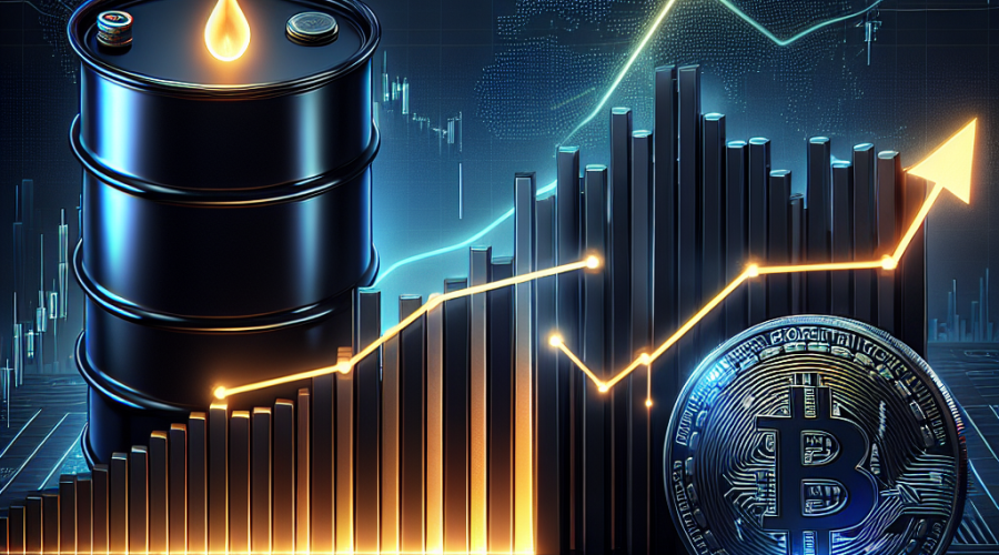 **SEO-Friendly Alt-Text:** Sleek modern WordPress blog header image sized 1200x628 pixels featuring a dramatic upward-trending oil barrel and stylized Bitcoin coin intersecting at the 5 mark, visually blending traditional financial markets and cryptocurrency. Dynamic contrasting backgrounds subtly reference global macroeconomic uncertainty with overlays of line graphs and financial data, highlighted by glowing orange (#FF9811), dark blue (#000D43), and midnight blue (#021B88) accents for a contemporary, professional look reflecting market volatility and financial analysis.
