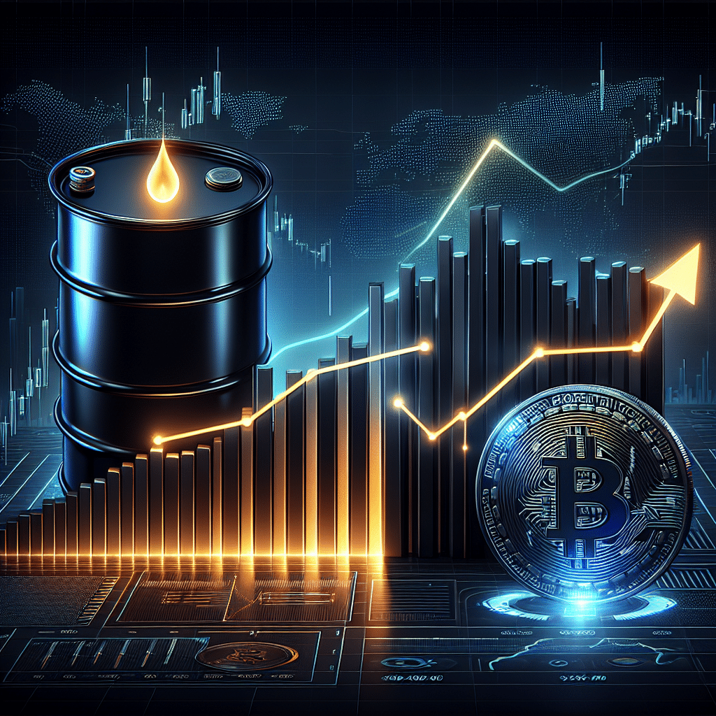 **SEO-Friendly Alt-Text:** Sleek modern WordPress blog header image sized 1200x628 pixels featuring a dramatic upward-trending oil barrel and stylized Bitcoin coin intersecting at the $105 mark, visually blending traditional financial markets and cryptocurrency. Dynamic contrasting backgrounds subtly reference global macroeconomic uncertainty with overlays of line graphs and financial data, highlighted by glowing orange (#FF9811), dark blue (#000D43), and midnight blue (#021B88) accents for a contemporary, professional look reflecting market volatility and financial analysis.
