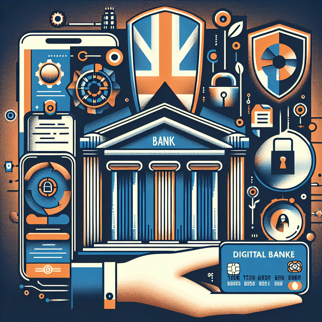**SEO-Optimized Alt Text:** Modern vector illustration showcasing Revolut receiving a full UK banking licence; features a stylized bank building and shield with the Union Jack, a smartphone displaying a fintech app interface in Revolut’s dark blue and orange brand colors (#FF9811, #000D43, #021B88), a locked vault and FSCS badge symbolizing customer protection, and a confident hand holding a Revolut-branded digital bank card—all presented in a sleek, professional 1200 x 628 pixels layout with clean digital design elements.