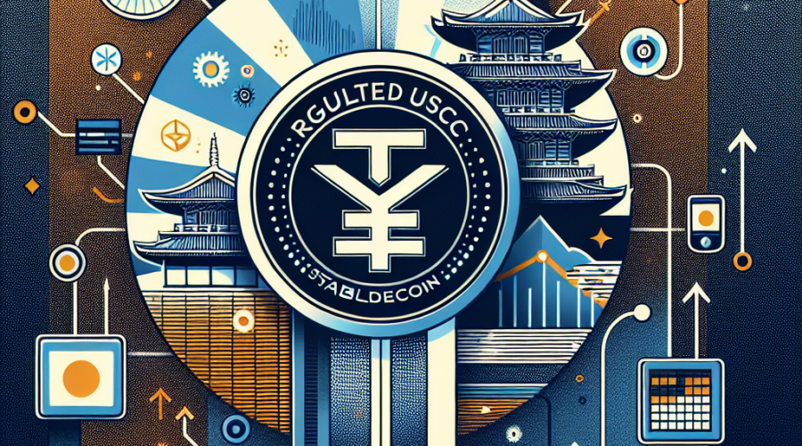 **SEO-Friendly Alt Text:** Modern digital illustration of Japan’s entry into regulated USDC stablecoin lending, showing a prominent USDC coin interconnected with stylized yen symbols, rising sun motif, and Japanese architecture, set on a secure blockchain-inspired digital platform; visual elements include upward arrows for high yields and innovation, accented with orange (#FF9811), dark blue (#000D43), and midnight blue (#021B88) for a professional look—sized 1200x628 pixels, flat contemporary semi-3D style.