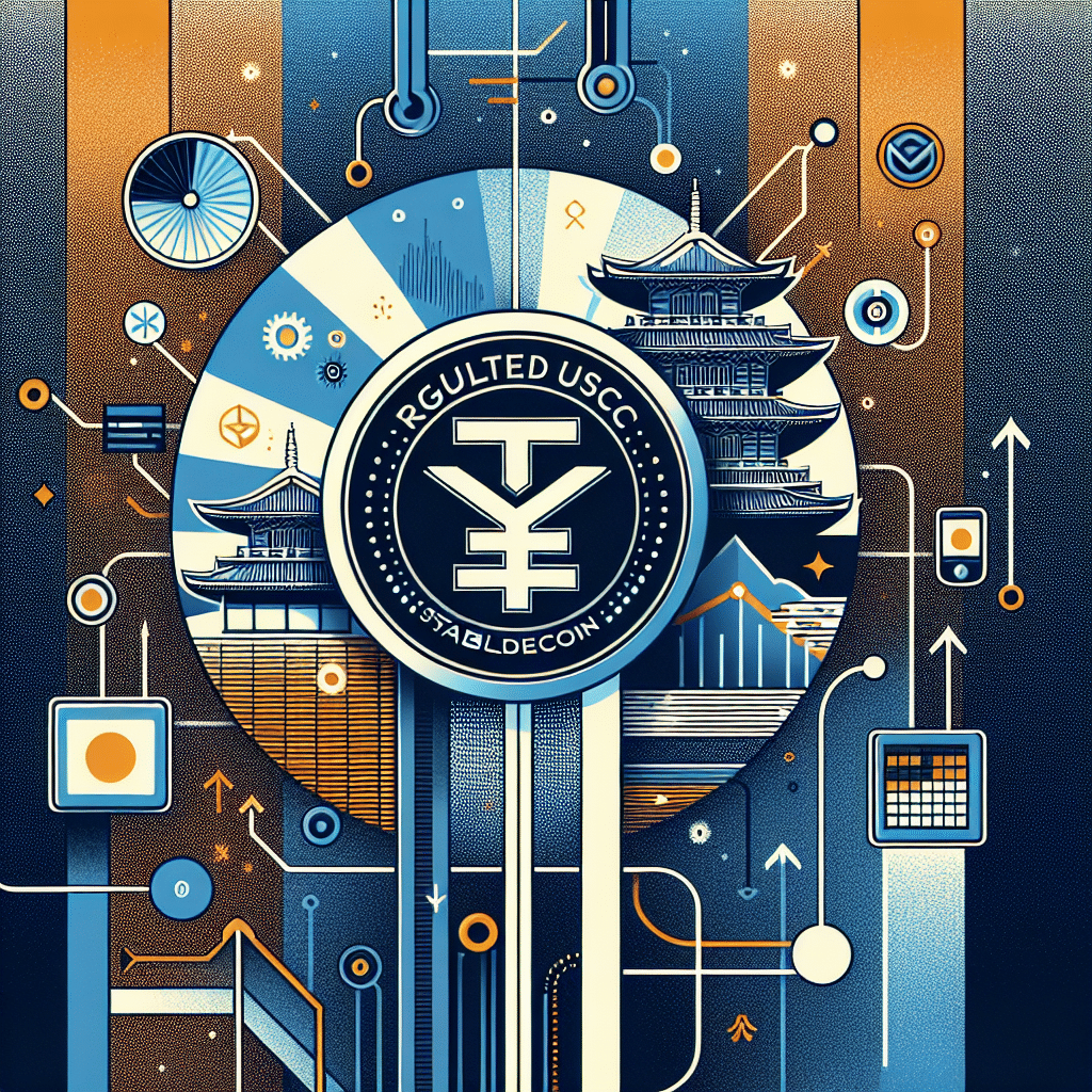 **SEO-Friendly Alt Text:** Modern digital illustration of Japan’s entry into regulated USDC stablecoin lending, showing a prominent USDC coin interconnected with stylized yen symbols, rising sun motif, and Japanese architecture, set on a secure blockchain-inspired digital platform; visual elements include upward arrows for high yields and innovation, accented with orange (#FF9811), dark blue (#000D43), and midnight blue (#021B88) for a professional look—sized 1200x628 pixels, flat contemporary semi-3D style.