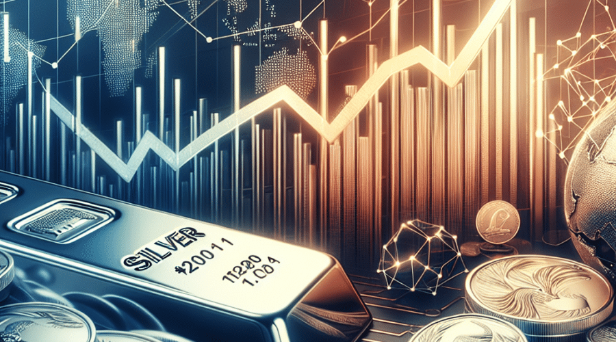 **SEO Alt-Text:** Modern financial image of polished silver bar and coins in the foreground, with dynamic bullish chart lines breaking above resistance, symbolizing a silver market breakout. Background features rising US dollar index graph, employment data icons, and a subtle Middle East conflict silhouette. Design uses sophisticated orange (#FF9811), dark blue (#000D43), and midnight blue (#021B88) brand palette, conveying urgency, volatility, and opportunity in the global silver market. Image sized 1200x628 pixels.