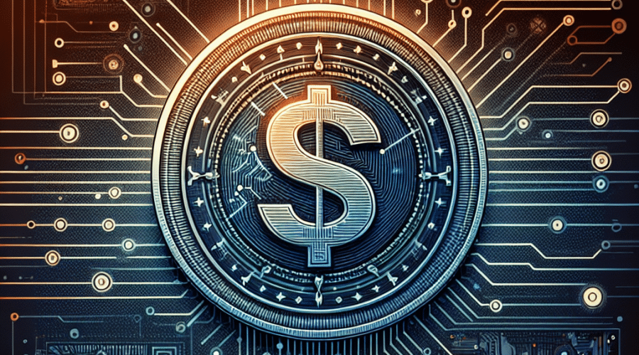 **SEO Alt-Text:** Futuristic digital artwork featuring a dynamic U.S. dollar coin formed from Treasury note elements and abstract blockchain symbols, centrally placed with glowing lines connecting digital networks to illustrate cross-chain interoperability. The design incorporates subtle circuit patterns, numeric codes, and the Sonic Labs logo, set against a gradient background of orange (#FF9811), dark blue (#000D43), and midnight blue (#021B88), representing trust, transparency, and connectivity in the DeFi ecosystem. Optimized for 1200x628 pixels.
