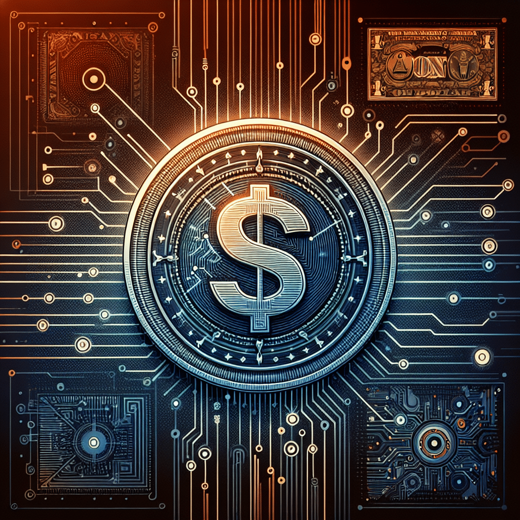 **SEO Alt-Text:** Futuristic digital artwork featuring a dynamic U.S. dollar coin formed from Treasury note elements and abstract blockchain symbols, centrally placed with glowing lines connecting digital networks to illustrate cross-chain interoperability. The design incorporates subtle circuit patterns, numeric codes, and the Sonic Labs logo, set against a gradient background of orange (#FF9811), dark blue (#000D43), and midnight blue (#021B88), representing trust, transparency, and connectivity in the DeFi ecosystem. Optimized for 1200x628 pixels.