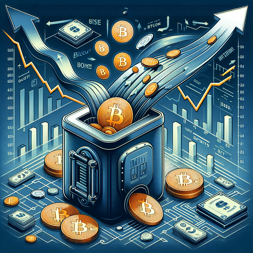 Certainly! Here’s a strong SEO alt-text for your image based on your prompt: **Alt-text:** Sleek modern illustration showing stylized Bitcoin symbols and coins flowing out of an ETF vault, with dynamic arrows representing US spot Bitcoin ETF outflows. Background features downward-trending financial market charts and subtle macroeconomic icons like US Federal Reserve buildings and interest rate symbols. Branding colors orange (#FF9811), dark blue (#000D43), and midnight blue (#021B88) create a professional, financial blog-ready aesthetic. Let me know if you want the alt-text further shortened or targeted for a specific search intent!