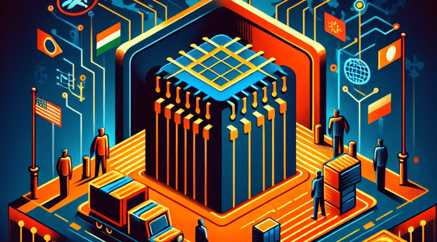 **SEO Optimized Alt-Text:** Modern digital illustration showing symbolic AI chips with subtle Nvidia and AMD logo motifs partially blocked at a US customs checkpoint, representing government regulation of AI chip exports. The image uses bold orange highlights (#FF9811) and dark/midnight blue backgrounds (#000D43, #021B88), incorporates a faint world map and interconnected supply chain lines, along with stylized export/import icons. The visual conveys global tension, uncertainty, and international competition in the tech market, maintaining a sleek, professional, and technology-driven aesthetic.