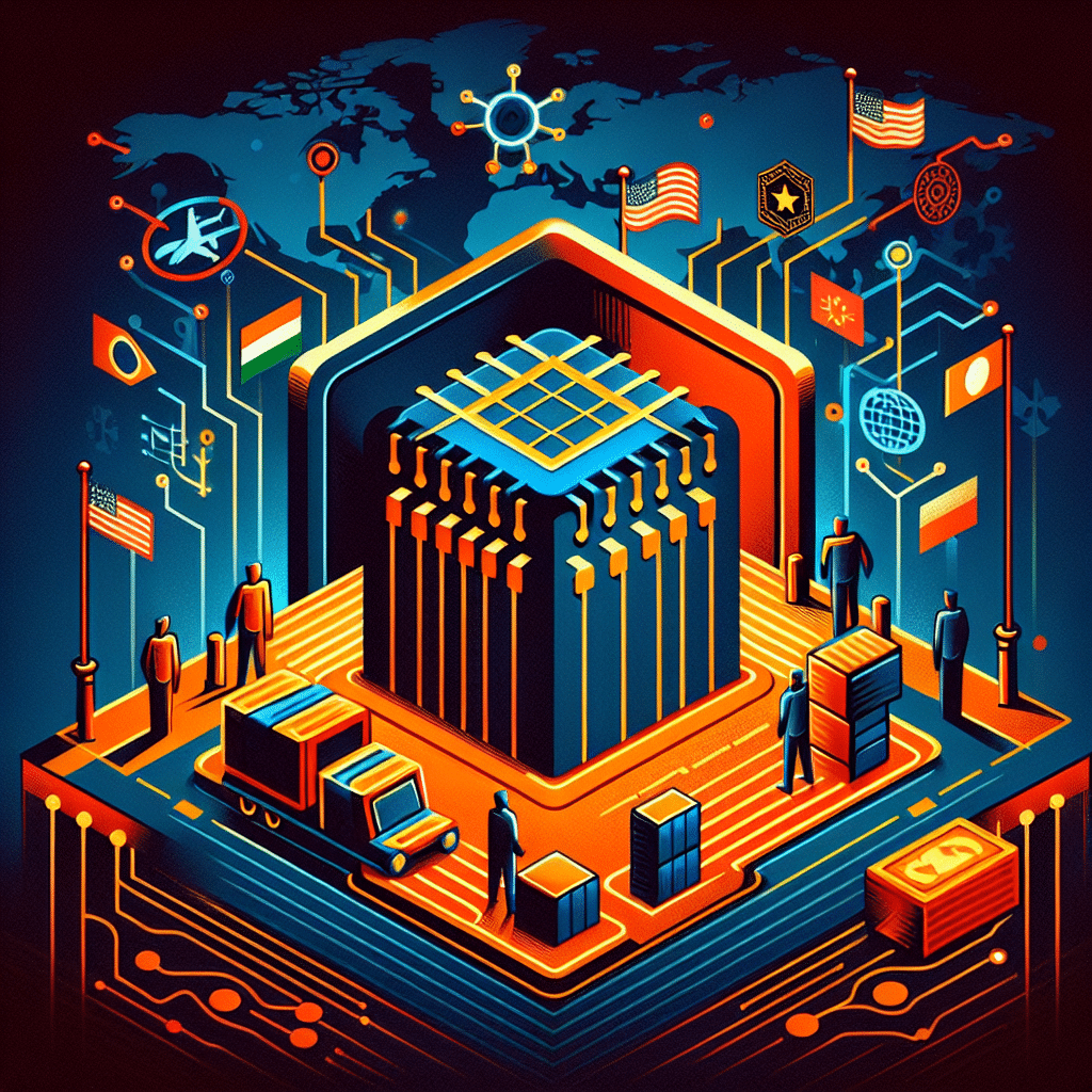 **SEO Optimized Alt-Text:** Modern digital illustration showing symbolic AI chips with subtle Nvidia and AMD logo motifs partially blocked at a US customs checkpoint, representing government regulation of AI chip exports. The image uses bold orange highlights (#FF9811) and dark/midnight blue backgrounds (#000D43, #021B88), incorporates a faint world map and interconnected supply chain lines, along with stylized export/import icons. The visual conveys global tension, uncertainty, and international competition in the tech market, maintaining a sleek, professional, and technology-driven aesthetic.