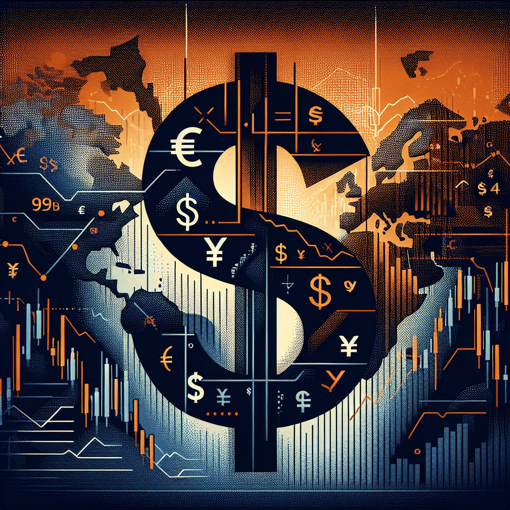 **SEO Alt-Text:** Sleek modern image illustrating the US Dollar Index (DXY) consolidating above the 99.50 support level during global geopolitical tensions and market uncertainty; features an abstract background in orange (#FF9811), dark blue (#000D43), and midnight blue (#021B88), with a prominent US dollar symbol, integrated candlestick and line charts indicating support and resistance levels, overlaid world currency symbols (€ euro, ¥ yen, £ pound, CHF Swiss franc, SEK krona, CAD dollar), and subtle Middle East map outlines, visually emphasizing the dollar’s stability, vigilance, and safe-haven status in a sophisticated, finance-focused design.