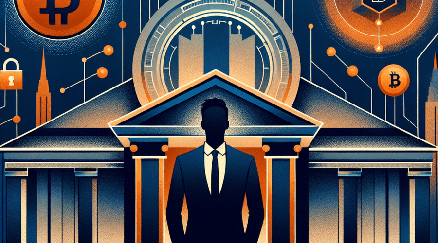 **SEO Optimized Alt-Text:** Modern financial illustration for a blog post showing the silhouette of Kevin Warsh in a suit, centered against stylized Federal Reserve architecture in dark blue and midnight blue brand colors (#000D43, #021B88). On the left, a bold orange Bitcoin symbol with digital circuit motifs signifies the bridge between traditional banking and cryptocurrencies. On the right, classic Fed columns contrast with modern fintech icons like a secure lock and master account symbol, highlighting Kraken’s access milestone. Geometric shapes and gradients in orange (#FF9811) and blue create a sleek, contemporary financial technology theme. Image size: 1200 x 628 pixels.