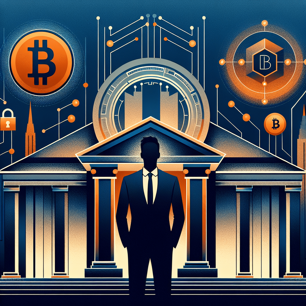 **SEO Optimized Alt-Text:** Modern financial illustration for a blog post showing the silhouette of Kevin Warsh in a suit, centered against stylized Federal Reserve architecture in dark blue and midnight blue brand colors (#000D43, #021B88). On the left, a bold orange Bitcoin symbol with digital circuit motifs signifies the bridge between traditional banking and cryptocurrencies. On the right, classic Fed columns contrast with modern fintech icons like a secure lock and master account symbol, highlighting Kraken’s access milestone. Geometric shapes and gradients in orange (#FF9811) and blue create a sleek, contemporary financial technology theme. Image size: 1200 x 628 pixels.