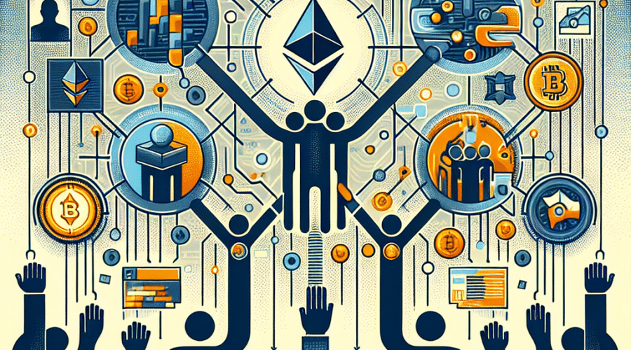**SEO Alt-Text:** Illustration of interconnected blockchain networks and digital finance symbols for a DeFi blog post, featuring Ethereum icons, stylized tokens, and diverse hands uniting over abstract blockchains, symbolizing collaboration, crisis response, and resilience. The image uses a bold, sophisticated color palette of orange (#FF9811), dark blue (#000D43), and midnight blue (#021B88) to convey trust, security, and coordinated recovery in decentralized finance for a modern financial tech audience.