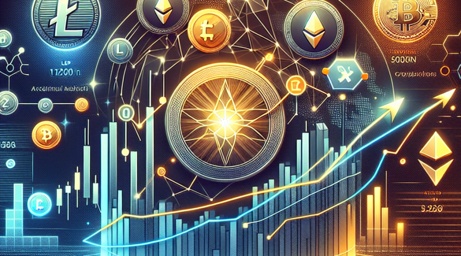 **SEO-Friendly Alt Text:** Digital illustration visualizing a pivotal turning point in the altcoin market, featuring stylized icons of Litecoin, XRP, Solana, Shiba Inu, and a speculative token (Gigachad), interconnected blockchain motifs, and upward-trending graphs with dynamic arrows symbolizing accumulation and recovery; glowing highlights and a modern color palette of orange (#FF9811), dark blue (#000D43), and midnight blue (#021B88) create a sleek, optimistic atmosphere suitable for a finance-focused WordPress blog post.