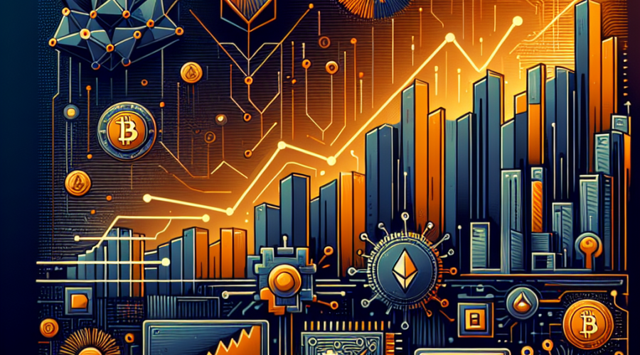 **SEO Alt-Text:** Modern financial tech blog header image (1200x628px) with a visually striking, upward-trending bullish altcoin market chart in shades of orange (#FF9811), dark blue (#000D43), and midnight blue (#021B88); features stylized AI icons (neural network/brain), GPU computing symbols (chip/graphics card), and digital tokens over real-world assets (buildings/bonds); includes layered geometric shapes and glowing accents, highlighting innovation, crypto technology, and trending market growth for a premium fintech design.