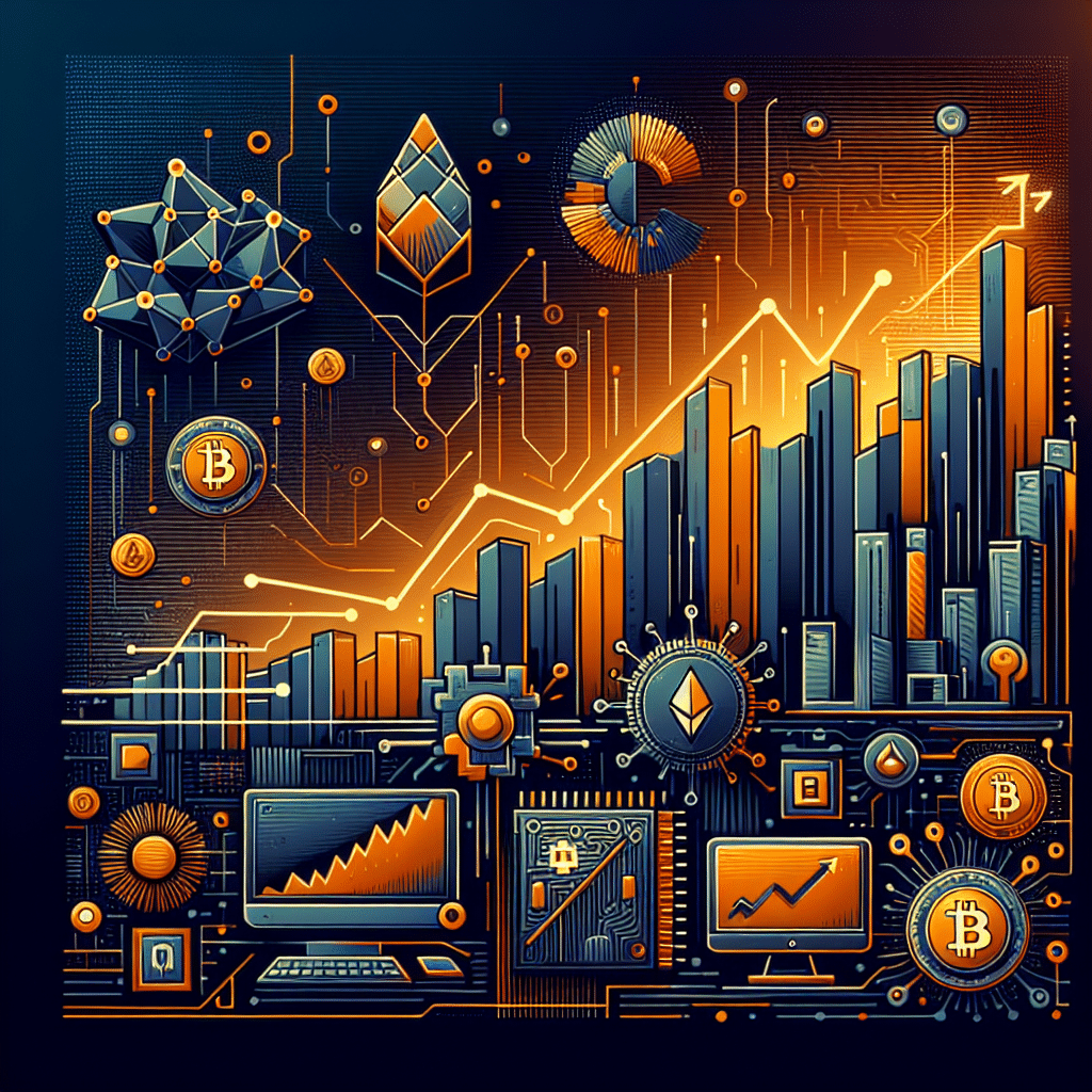 **SEO Alt-Text:** Modern financial tech blog header image (1200x628px) with a visually striking, upward-trending bullish altcoin market chart in shades of orange (#FF9811), dark blue (#000D43), and midnight blue (#021B88); features stylized AI icons (neural network/brain), GPU computing symbols (chip/graphics card), and digital tokens over real-world assets (buildings/bonds); includes layered geometric shapes and glowing accents, highlighting innovation, crypto technology, and trending market growth for a premium fintech design.