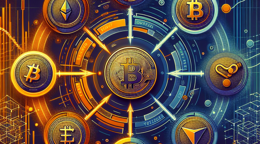 Alt-text for the described image: "Sleek digital illustration (1200x628px) depicting Bitcoin, Litecoin, XRP, Solana, and Shiba Inu coins in a dynamic circular motion to represent altcoin rotation in crypto cycles. Background features a gradient of orange (#FF9811), dark blue (#000D43), and midnight blue (#021B88), with abstract blockchain and graph motifs, upward energy lines, and dynamic patterns, embodying momentum and opportunity in the cryptocurrency market. Clean, bold, and modern design styled for a finance or tech blog."