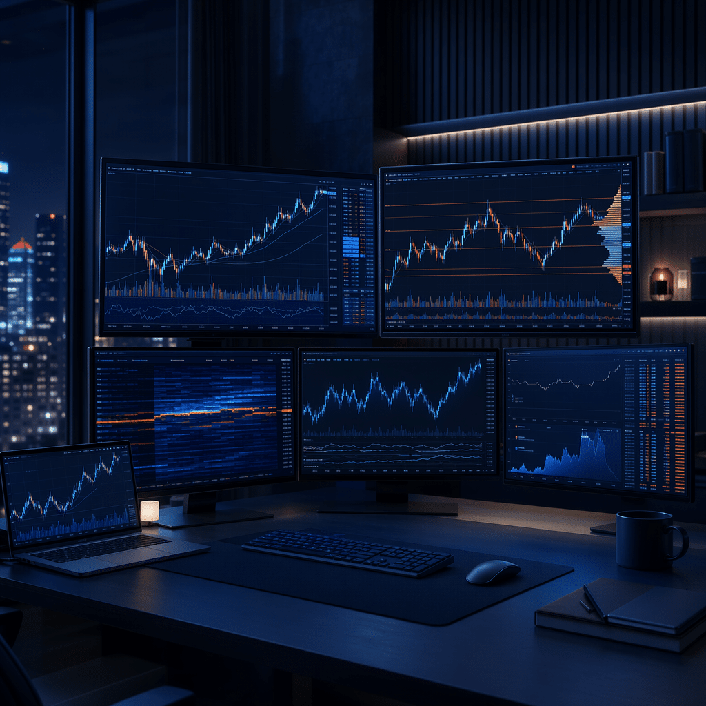 Dark crypto trading desk with multiple monitors showing blue market charts and data dashboards