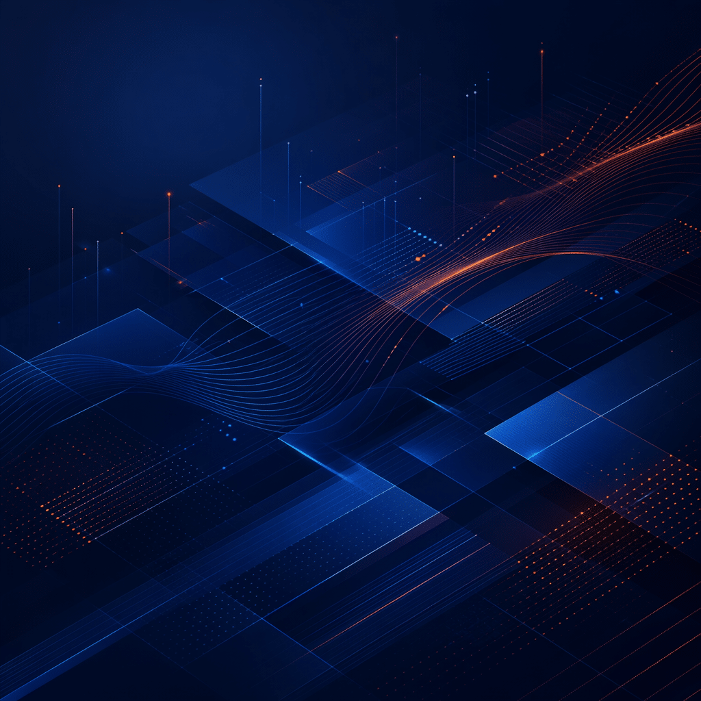 Abstract blue and orange geometric wave lines on a dark background.