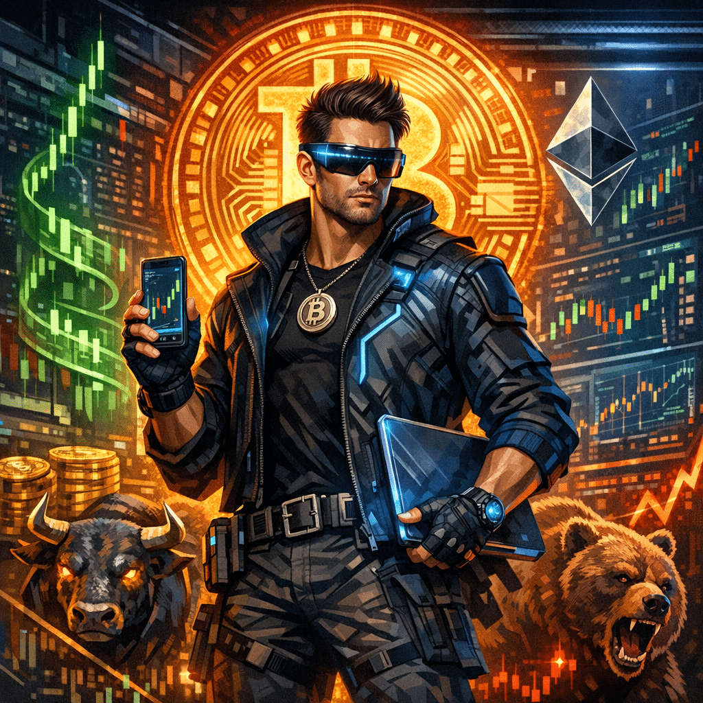 Technical analyst at multi-monitor trading desk reviewing charts with bull and bear icons in a dark fintech environment