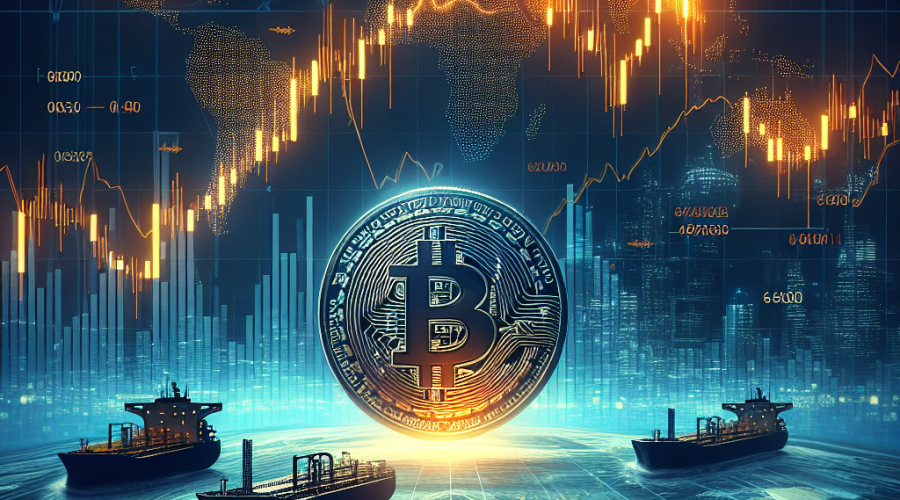 **SEO Alt-Text:** Sleek, professional illustration of a dynamic Bitcoin coin balancing on a volatile financial chart line with sharp spikes, set against a split backdrop of dark blue and orange symbolizing uncertainty and volatility. Faint graphics in the background depict global oil shipments, oil tankers near the Strait of Hormuz, and distant world landmarks, evoking geopolitical tension. Overlayed digital numbers and candlestick charts represent liquidity concerns, all unified with midnight blue accents for depth, capturing a modern, dramatic fintech aesthetic.