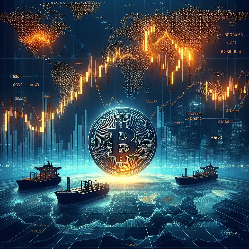 **SEO Alt-Text:** Sleek, professional illustration of a dynamic Bitcoin coin balancing on a volatile financial chart line with sharp spikes, set against a split backdrop of dark blue and orange symbolizing uncertainty and volatility. Faint graphics in the background depict global oil shipments, oil tankers near the Strait of Hormuz, and distant world landmarks, evoking geopolitical tension. Overlayed digital numbers and candlestick charts represent liquidity concerns, all unified with midnight blue accents for depth, capturing a modern, dramatic fintech aesthetic.