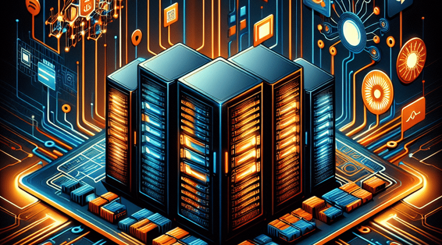 SEO Alt-Text: "Sleek, modern illustration of AI infrastructure powering data centers, featuring glowing stylized server racks, orange and blue network cables, abstract chipsets, and neural network patterns. The high-tech scene prominently highlights Broadcom and Marvell logos, set in a futuristic environment to symbolize innovation, scale, and growth. Designed in vibrant orange (#FF9811), dark blue (#000D43), and midnight blue (#021B88) for a professional tech brand aesthetic, image size 1200 x 628 pixels."